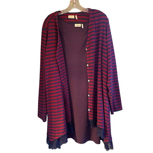 LOGO LORI GOLDSTEIN Cardigan & Tank Set Tunic Length Striped Button Down - Picture 1 of 8